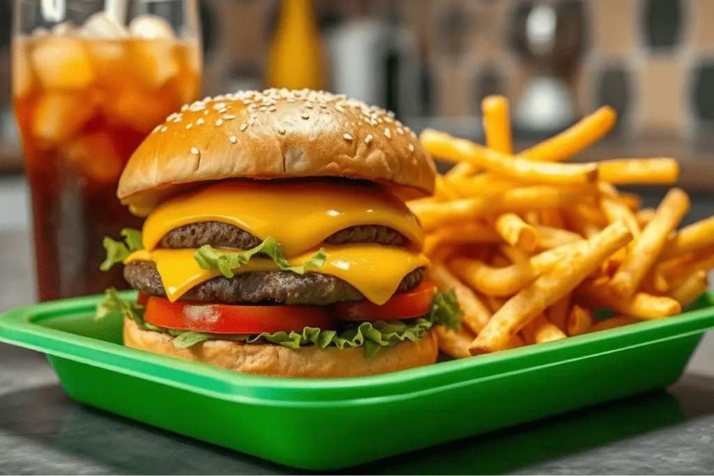 A homemade Whopper burger served with crispy fries and a refreshing soft drink for the perfect fast-food experience.