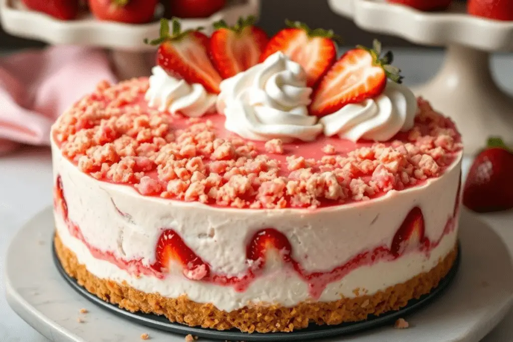 Strawberry crunch cheesecake with a graham cracker crust, strawberry crumble topping, and whipped cream. Garnished with fresh strawberries and set in a cozy kitchen setting.