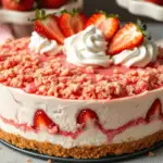 Strawberry crunch cheesecake with a graham cracker crust, strawberry crumble topping, and whipped cream. Garnished with fresh strawberries and set in a cozy kitchen setting.