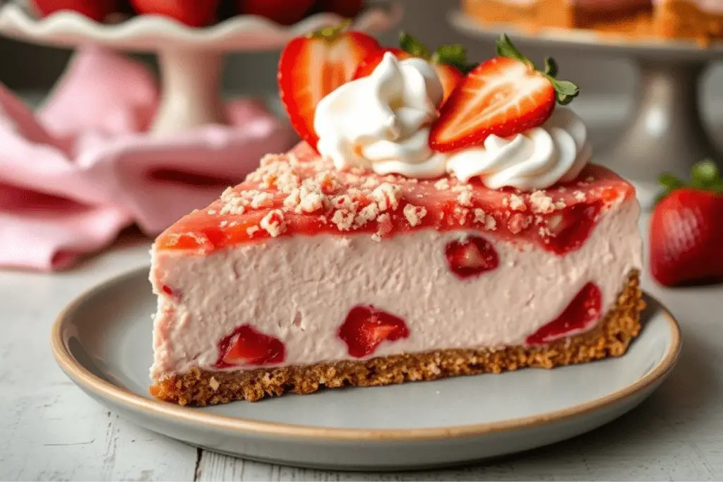 Strawberry crunch cheesecake with a graham cracker crust, strawberry crumble topping, and whipped cream. Garnished with fresh strawberries and set in a cozy kitchen setting.