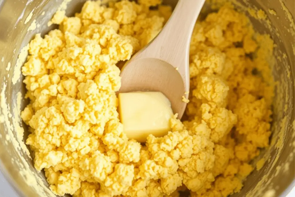 A bowl of crushed golden Oreos being mixed with melted butter to create the crust for a creamy Strawberry Crunch Cheesecake.