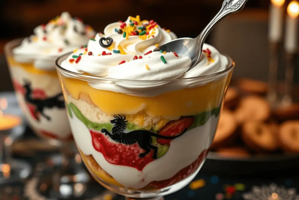 A completed Hogwarts House Pride trifle with layers of colorful pudding, topped with whipped cream, sprinkles, and a magical decoration.