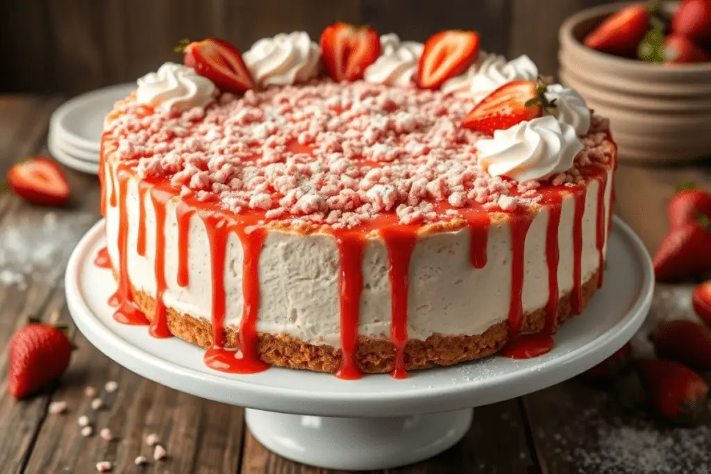 Strawberry crunch cheesecake with a graham cracker crust, strawberry crumble topping, whipped cream, and fresh strawberries. Displayed on a cake stand with a rustic background.