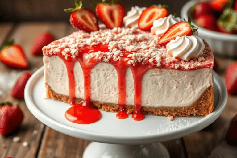 Strawberry crunch cheesecake with a graham cracker crust, strawberry crumble topping, whipped cream, and fresh strawberries. Displayed on a cake stand with a rustic background.