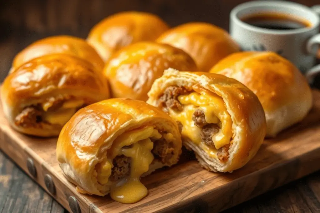 Cheesy sausage and egg breakfast rolls with a flaky crust, stuffed with melted cheese and savory sausage. Served on a wooden board with a cup of coffee in the background.