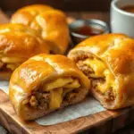 Cheesy sausage and egg breakfast rolls with a flaky crust, stuffed with melted cheese and savory sausage. Served on a wooden board with a cup of coffee in the background.