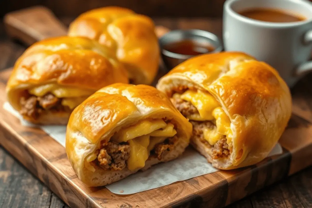 Cheesy sausage and egg breakfast rolls with a flaky crust, stuffed with melted cheese and savory sausage. Served on a wooden board with a cup of coffee in the background.