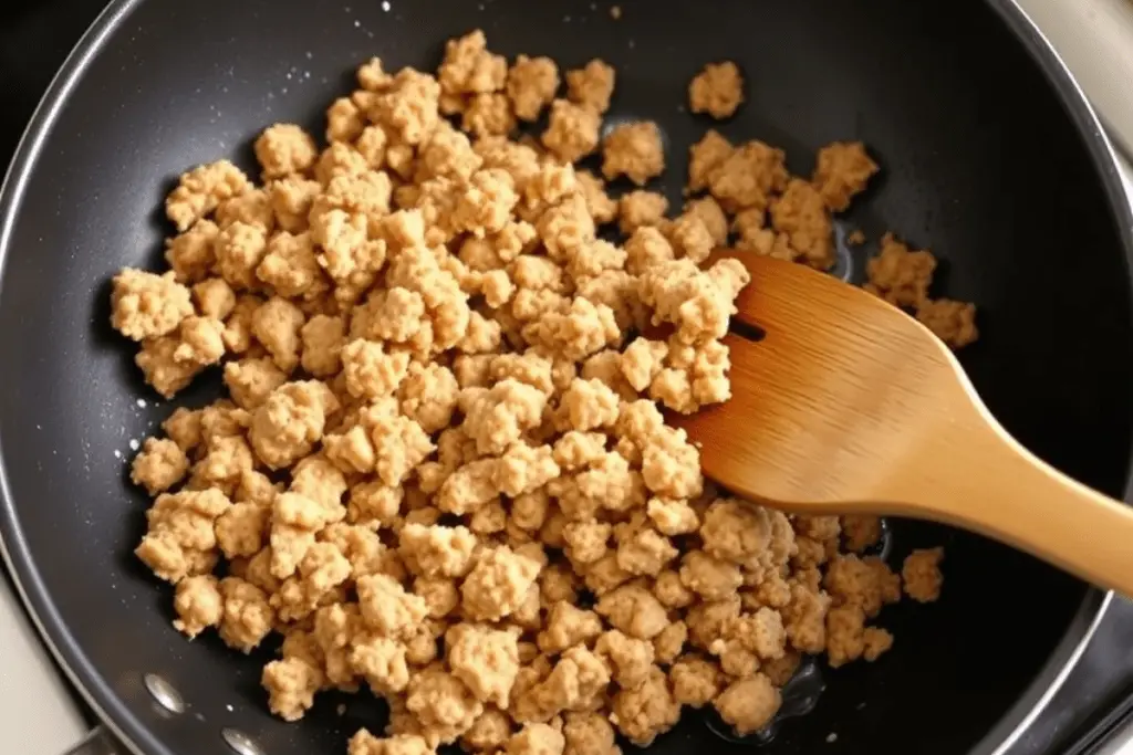 A skillet with sizzling crumbled sausage being cooked for a breakfast roll filling.