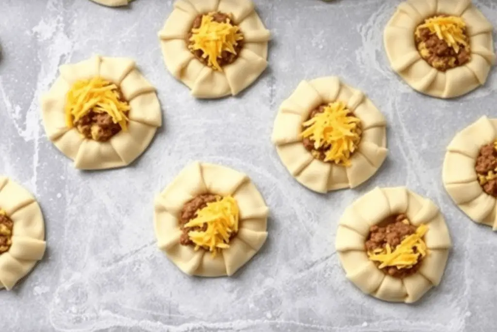 Crescent roll dough topped with scrambled eggs, sausage, and cheese, ready to be rolled into a warm, cheesy breakfast treat.