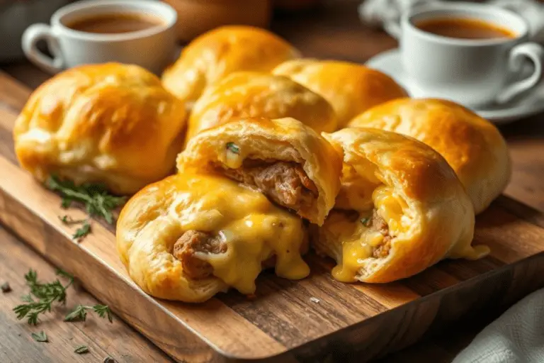 Cheesy sausage and egg breakfast rolls with a golden, flaky crust, filled with scrambled eggs, sausage, and melted cheese. Served on a wooden platter with a cozy kitchen background.