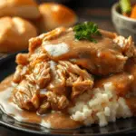 Slow cooker chicken and gravy served over mashed potatoes, with thick, savory gravy coating the tender shredded chicken. Garnished with fresh parsley and presented in a cozy, homestyle setting.