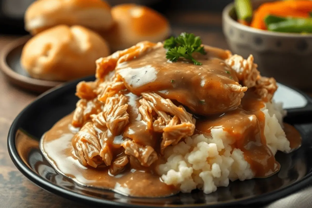 Slow cooker chicken and gravy served over mashed potatoes, with thick, savory gravy coating the tender shredded chicken. Garnished with fresh parsley and presented in a cozy, homestyle setting.