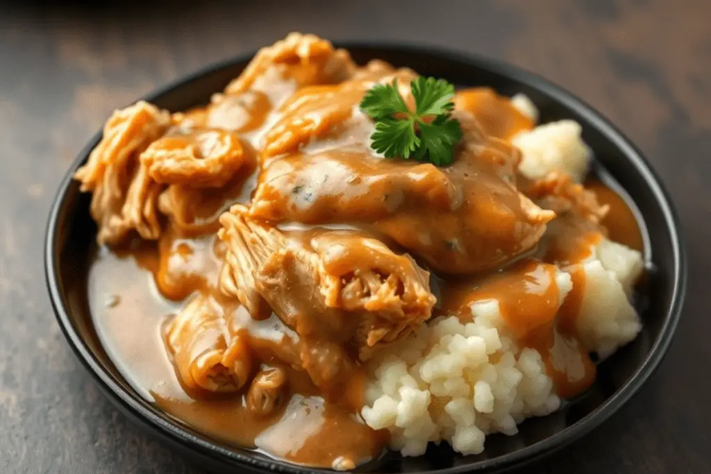 Slow cooker chicken and gravy served over mashed potatoes, with thick, savory gravy coating the tender shredded chicken. Garnished with fresh parsley and presented in a cozy, homestyle setting.