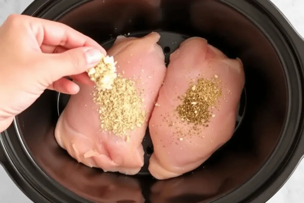 Raw chicken breasts in a slow cooker being seasoned with garlic powder, onion powder, and black pepper for a flavorful chicken and gravy dish.