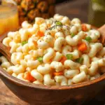 Creamy Hawaiian macaroni salad with elbow macaroni, a tangy mayo dressing, and finely chopped vegetables. Served in a rustic wooden bowl with a tropical-inspired background.