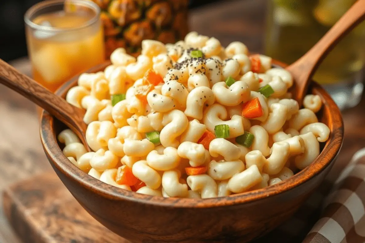 Creamy Hawaiian macaroni salad with elbow macaroni, a tangy mayo dressing, and finely chopped vegetables. Served in a rustic wooden bowl with a tropical-inspired background.