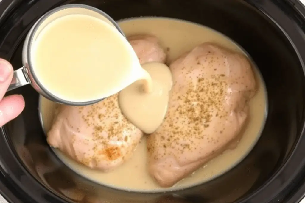 A slow cooker with chicken, cream of chicken soup, and a chicken broth gravy mix being combined for a creamy, flavorful dish.