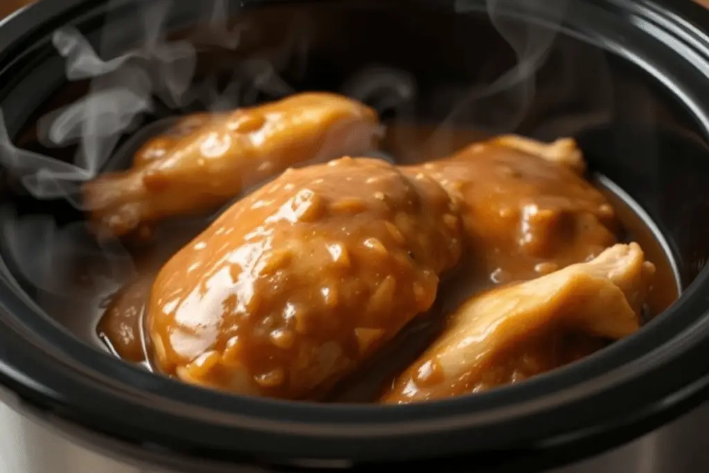 A slow cooker set for 6 hours on low, cooking tender chicken in a rich, savory gravy.