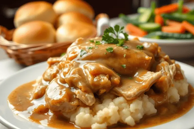 Slow cooker chicken and gravy with tender shredded chicken in a rich, golden-brown sauce, served over creamy mashed potatoes. Garnished with fresh parsley in a warm, rustic setting.