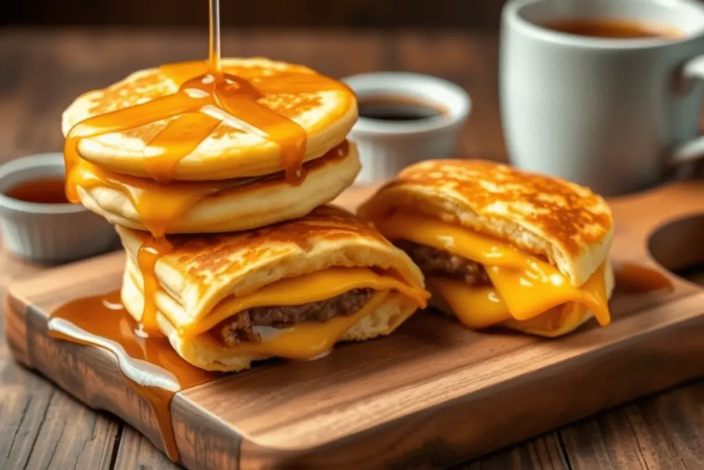 Mini McGriddle bites with fluffy pancake layers, sausage, melted cheese, and scrambled eggs, drizzled with syrup. Served on a wooden board with coffee in the background.