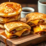 Mini McGriddle bites with fluffy pancake layers, sausage, melted cheese, and scrambled eggs, drizzled with syrup. Served on a wooden board with coffee in the background.