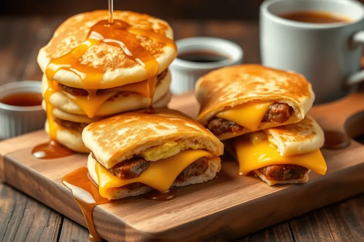 Mini McGriddle bites with fluffy pancake layers, sausage, melted cheese, and scrambled eggs, drizzled with syrup. Served on a wooden board with coffee in the background.