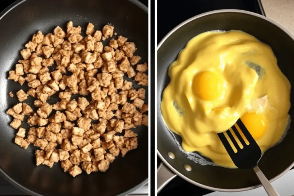 A skillet with golden brown sausage crumbles and another with fluffy scrambled eggs, both cooked to perfection for Mini McGriddle Bites.