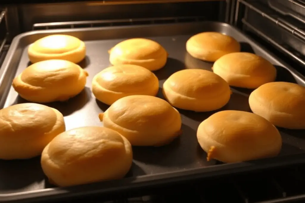 A tray of Mini McGriddle Bites baking in the oven, turning golden brown and fluffy with a hint of maple sweetness.