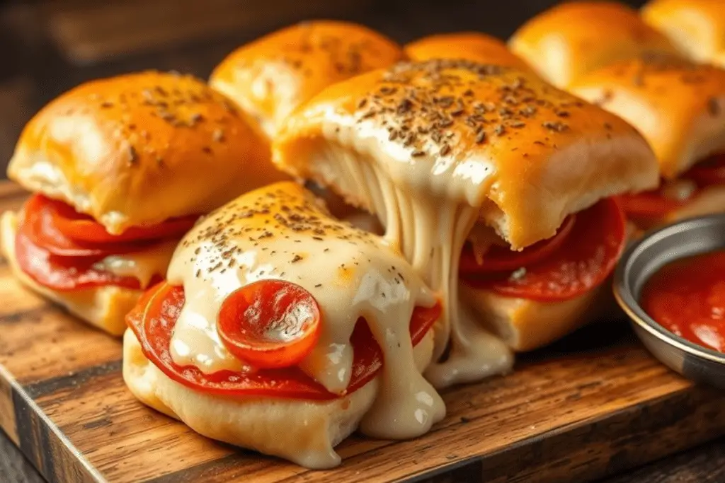 Pepperoni pizza sliders with melted mozzarella, marinara sauce, and crispy pepperoni on buttery Hawaiian rolls, brushed with garlic butter. Served on a rustic tray with marinara for dipping.