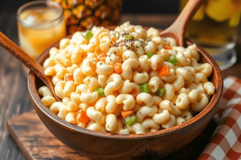 Creamy Hawaiian macaroni salad with elbow macaroni, a tangy mayo dressing, and finely chopped vegetables. Served in a rustic wooden bowl with a tropical-inspired background.