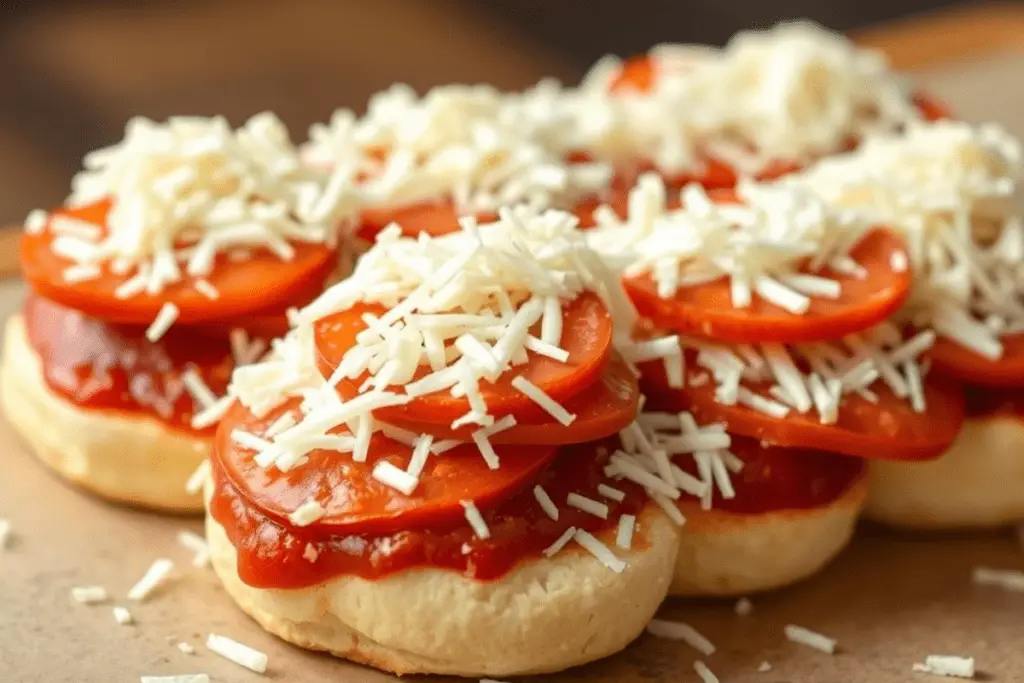 Mozzarella cheese and pepperoni slices layered on top of pizza sauce, creating a cheesy, savory filling for Pepperoni Pizza Sliders.