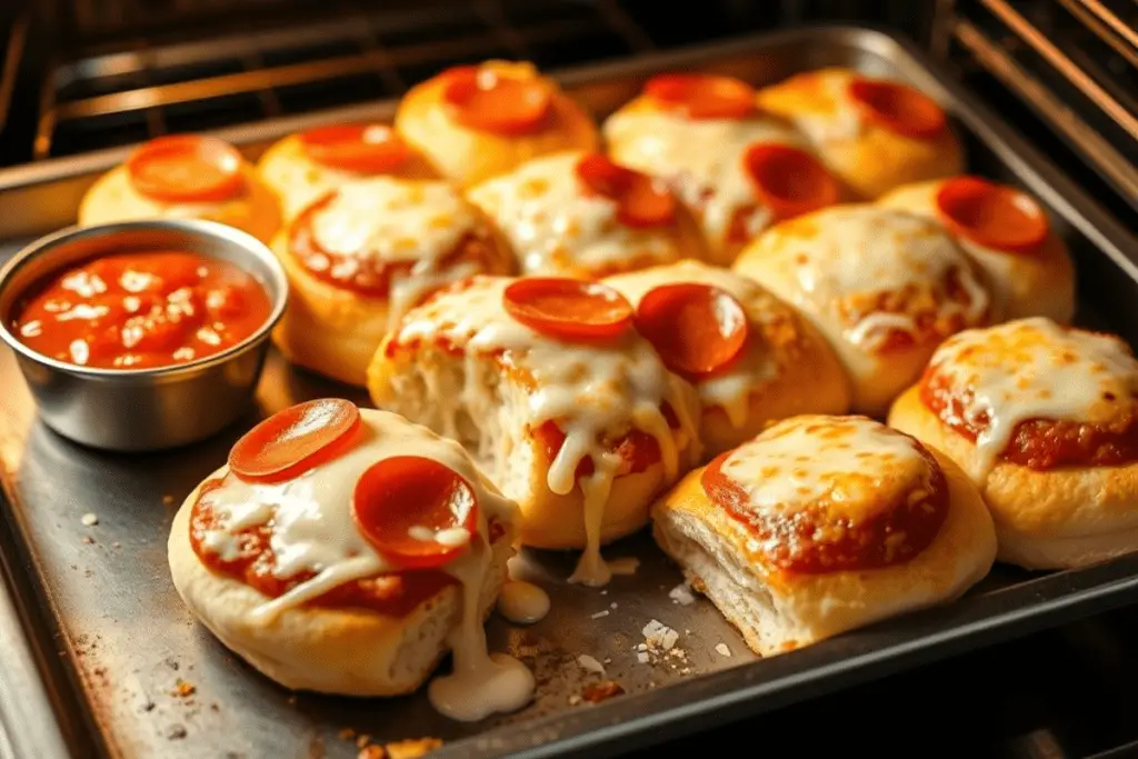 A plate of freshly baked Pepperoni Pizza Sliders with melted cheese stretching between the layers, served with a side of marinara sauce.