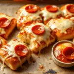 A plate of freshly baked Pepperoni Pizza Sliders with melted cheese stretching between the layers, served with a side of marinara sauce.