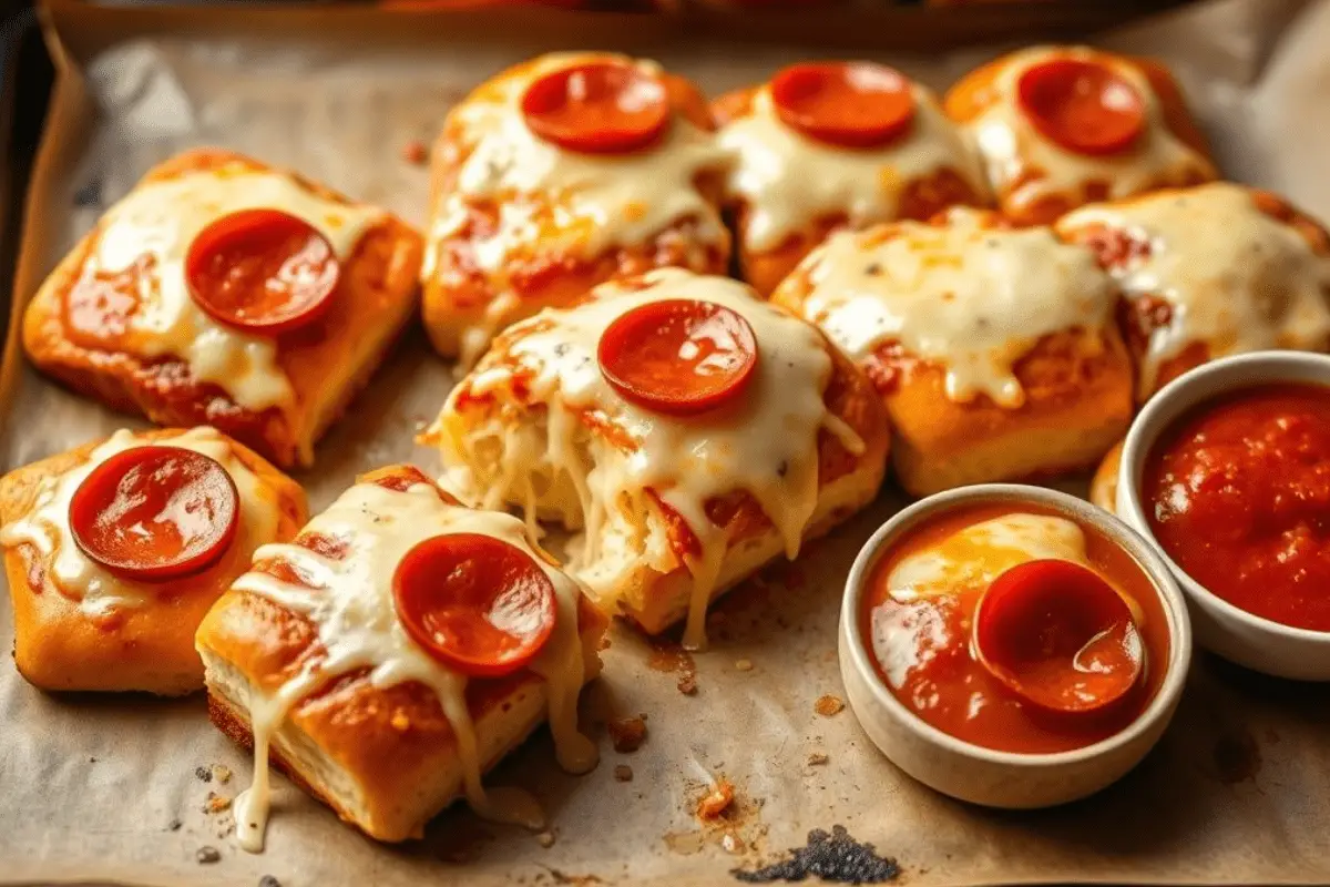 A plate of freshly baked Pepperoni Pizza Sliders with melted cheese stretching between the layers, served with a side of marinara sauce.