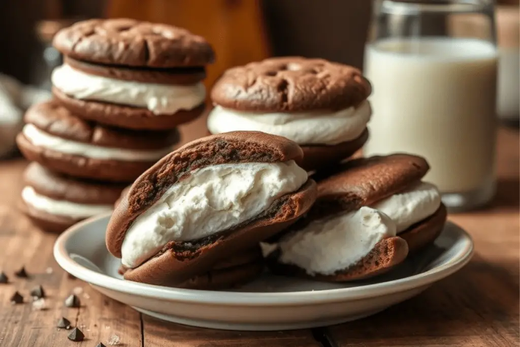 Homemade 2025-style whoopie pies with soft chocolate cakes and a fluffy marshmallow filling, stacked on a plate with a glass of milk in a cozy kitchen setting.