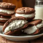 Homemade 2025-style whoopie pies with soft chocolate cakes and a fluffy marshmallow filling, stacked on a plate with a glass of milk in a cozy kitchen setting.