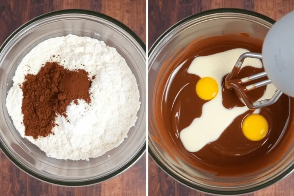 A mixing bowl filled with smooth, glossy chocolate cake batter, ready to be scooped for making Whoopie Pie cookies.