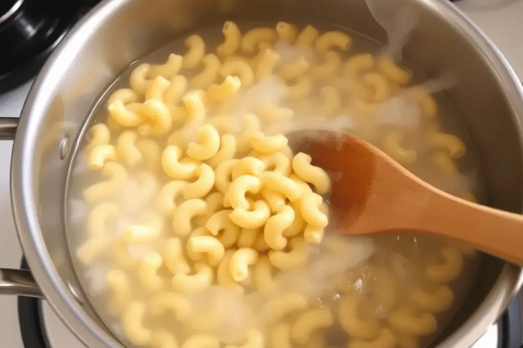 A pot of boiling water with elbow macaroni being added, cooking to a soft, tender texture for Hawaiian macaroni salad.