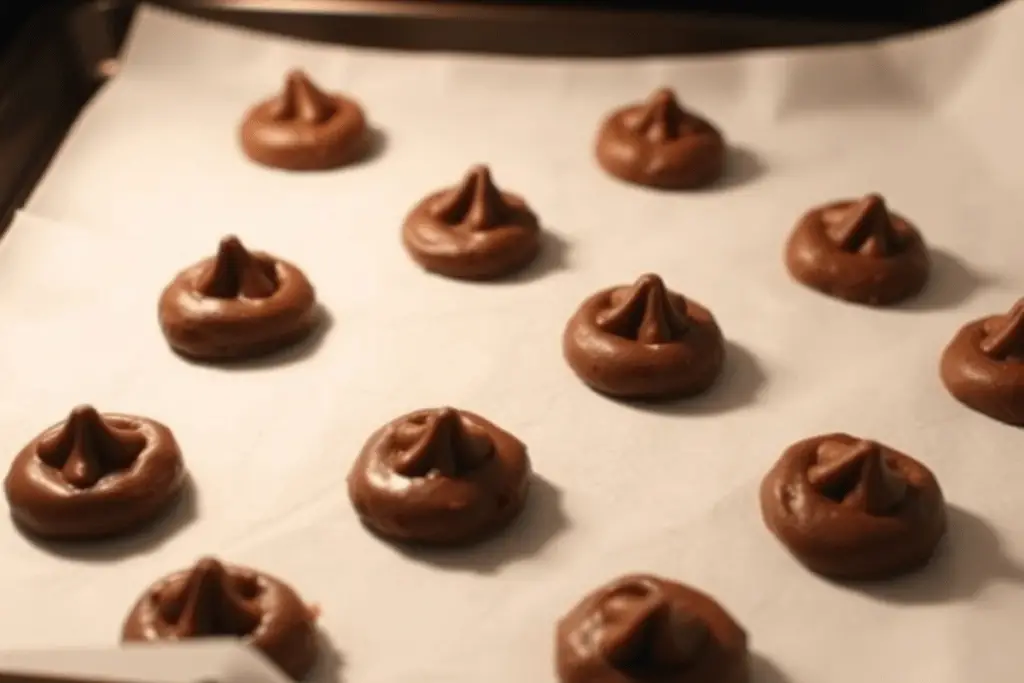 A baking sheet with scoops of chocolate batter, perfectly portioned and ready to bake into soft Whoopie Pie cookies.