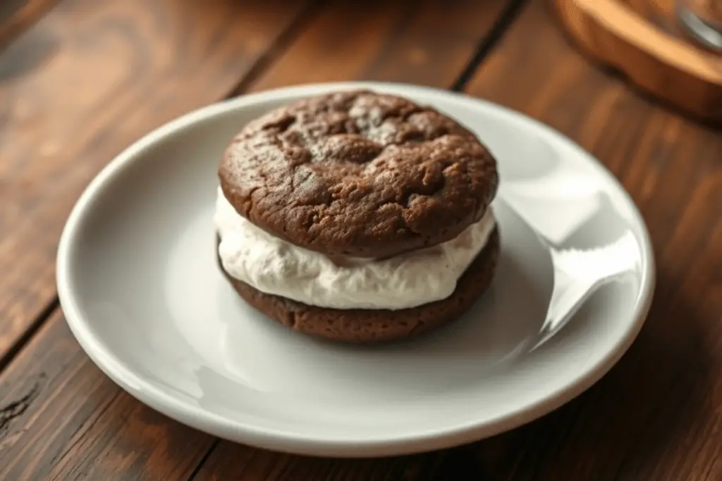 A soft chocolate cookie being sandwiched with fluffy marshmallow cream filling to create a classic Homemade Whoopie Pie.