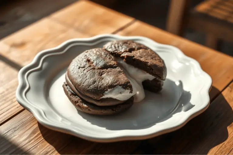 A soft chocolate cookie being sandwiched with fluffy marshmallow cream filling to create a classic Homemade Whoopie Pie.