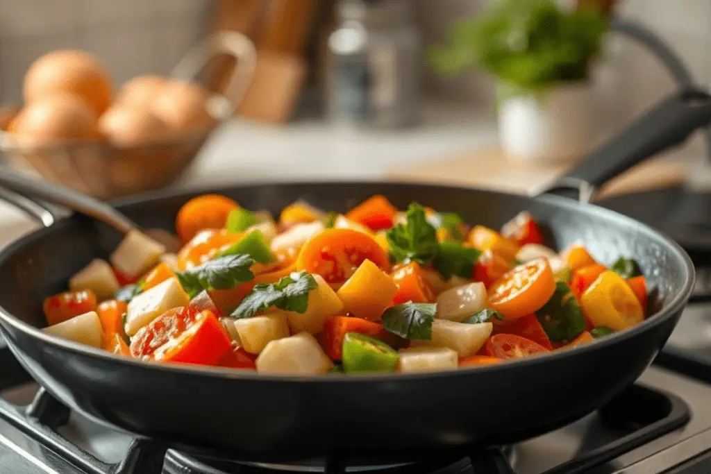 A pan of sauteed vegetables getting ready to be added to a meal prepping container for a healthy and cost effective meal