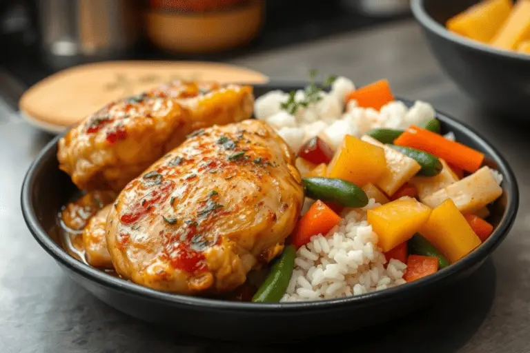 A healthy mean with low cost featuring chicken and rice with steamed vegetables