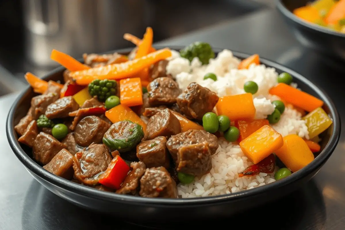 A plate of rice and cubed beef with steamed vegetables, an affordable, healthy meal.