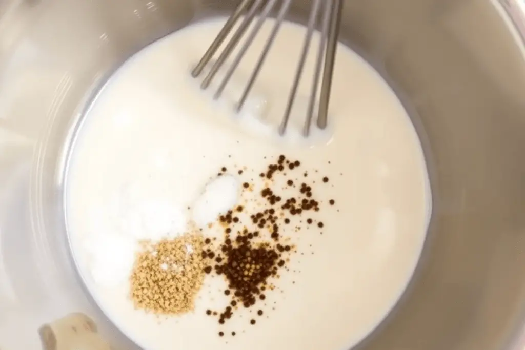 A small bowl with mayonnaise, milk, and seasonings being whisked into a creamy dressing for Hawaiian macaroni salad.