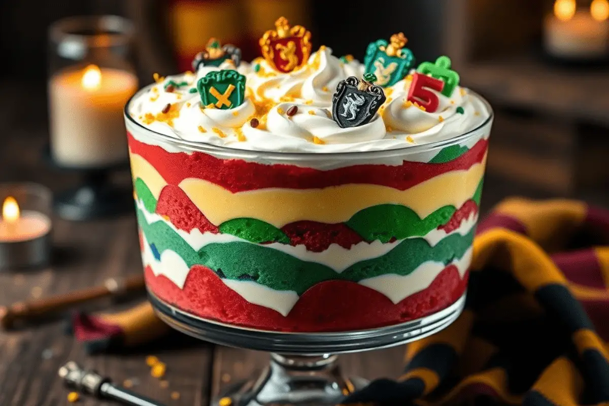 Hogwarts House Pride layered trifle with colorful cake, creamy pudding, and whipped cream, topped with gold sprinkles and edible house crest decorations. Served in a magical, cozy setting with soft candlelight.