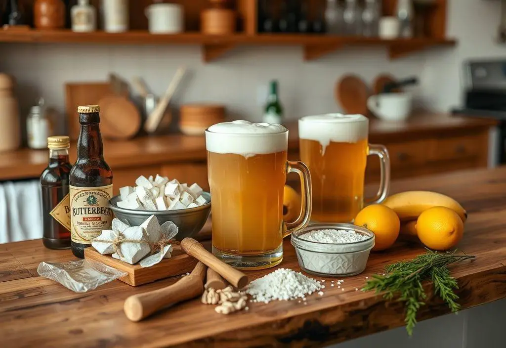 A wooden kitchen counter displaying Butterbeer ingredients, including cream soda, butterscotch syrup, and heavy cream.