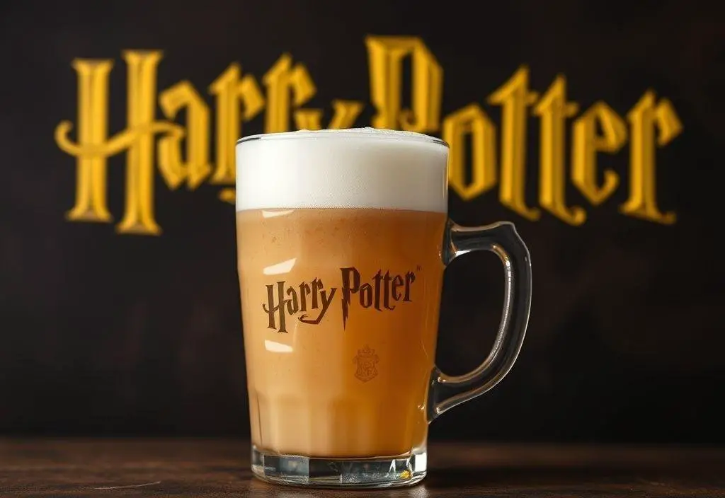 A glass mug of homemade Butterbeer topped with frothy butterscotch foam and drizzled with syrup, ready to serve.