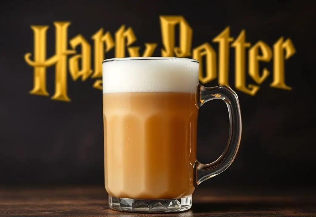 A glass mug of homemade Butterbeer topped with frothy butterscotch foam and drizzled with syrup, ready to serve.