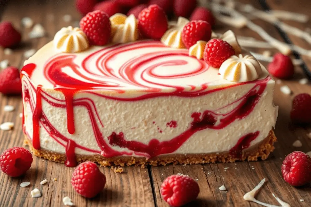 A slice of Creamy white chocolate raspberry swirl cheesecake, marbled raspberry swirls, and a drizzle of raspberry sauce. Topped with fresh raspberries and white chocolate curls.